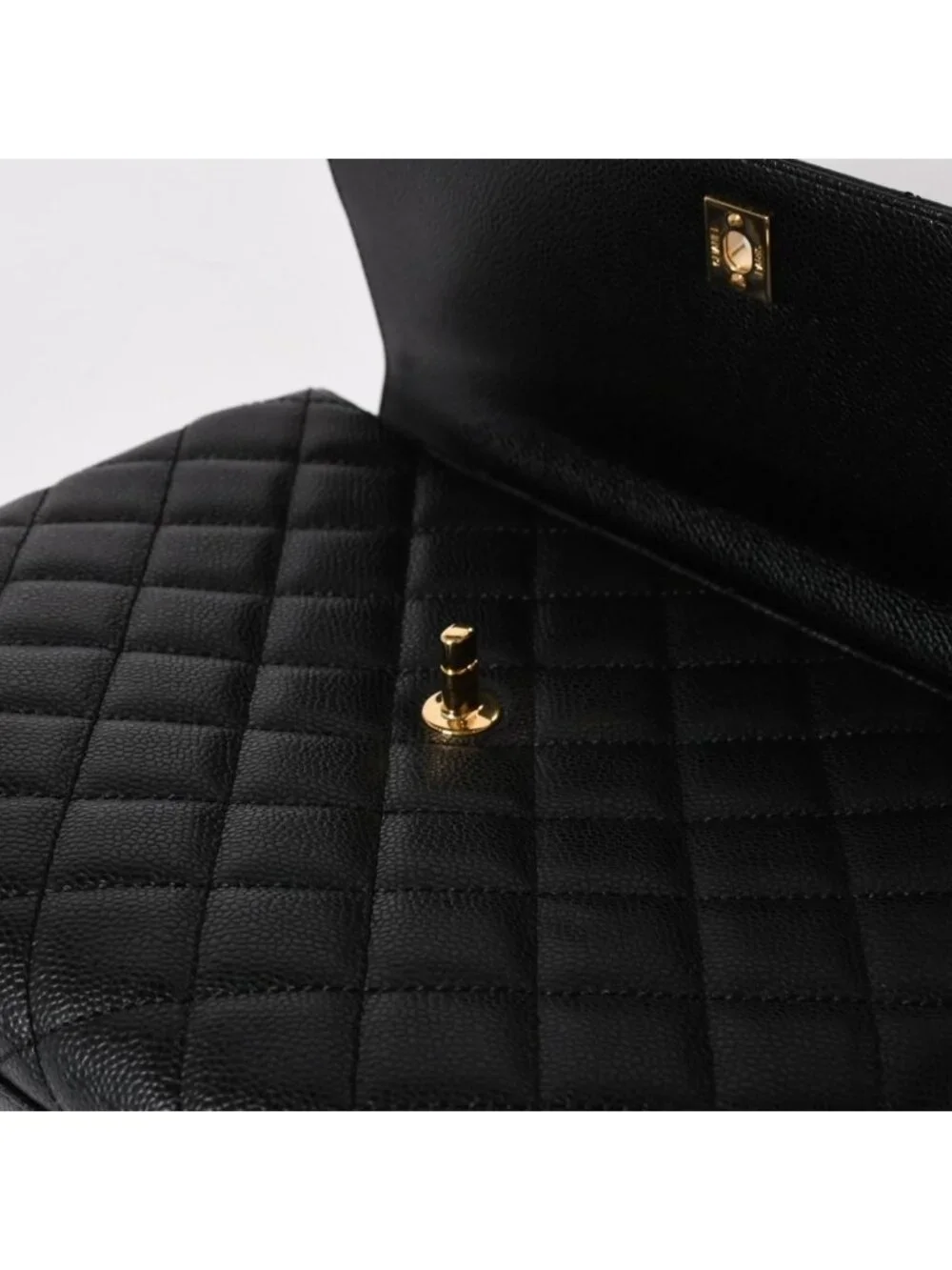 Chanel Quilted CC Logo CC Handbag Top Handle Turnlock Caviar Leather Black Gold